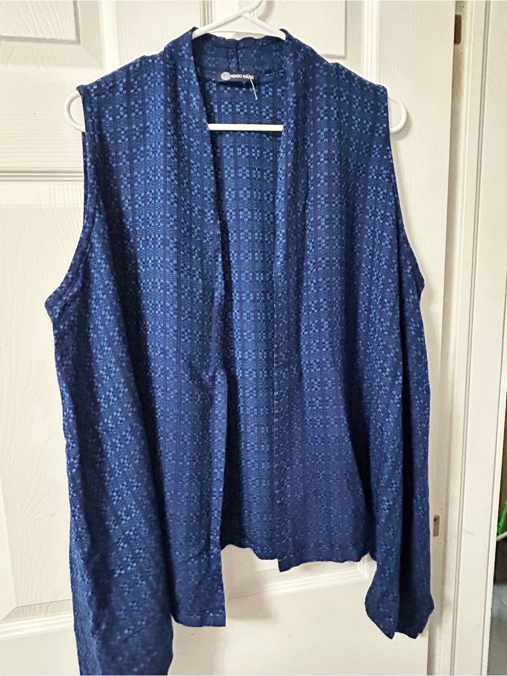 🔥$4 Blue kimono Patterned Open Front Sleeveless Cardigan Vest